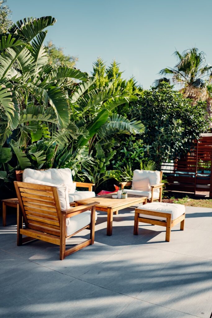 brown wooden table and chairs ideas for long narrow gardens